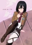  1girl absurdres black_eyes black_hair blush bob_cut boots brown_footwear brown_jacket clouds commentary copyright_request cropped_jacket emblem hand_on_own_neck highres jacket knee_boots knee_up light_blush looking_away mikasa_ackerman nishikino_kee pants paradis_military_uniform parted_lips pink_sky red_scarf scarf shingeki_no_kyojin shirt short_hair solo white_pants white_shirt 