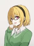  1girl :d black_hairband blonde_hair collared_shirt eyebrows_visible_through_hair fang glasses green_shirt hairband hand_on_own_face highres higurashi_no_naku_koro_ni houjou_satoko long_sleeves looking_at_viewer portrait semi-rimless_eyewear shirt short_hair smile solo usamin_(artist) violet_eyes 