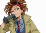  1boy bandana beige_jacket blue_shirt boku_no_hero_academia brown_hair eyewear_on_head gloves green_eyes grey_eyes grey_gloves hand_on_own_cheek hand_on_own_face looking_at_viewer male_focus mkm_(mkm_storage) necktie parted_lips red_bandana rody_soul shirt signature simple_background solo striped_necktie sunglasses tied_hair white_background 