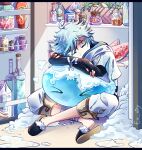  1boy alcohol blue_slime bottle chinese_clothes chongyun_(genshin_impact) colored_skin commentary crossed_arms crossed_legs english_commentary ex_xiry food fruit genshin_impact highres ice indoors kitchen light_blue_hair liquor male_focus monster refrigerator shaved_ice short_hair sleeping slime_(creature) slime_(substance) slippers snow watermelon 