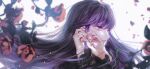  1girl artist_name black_hair cross cross_earrings earrings flower hands_up jewelry kiwikong long_hair looking_to_the_side medea_solon purple_hair solo violet_eyes white_background your_throne 