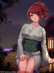  1girl bangs breasts brown_eyes eyebrows_visible_through_hair floral_print hand_on_own_thigh highres japanese_clothes kimono kirijou_mitsuru lantern large_breasts leaf leaning_on_object lips lipstick log long_hair looking_at_viewer makeup newmoonshira night night_sky ocean outdoors parted_bangs persona persona_3 persona_3_portable red_eyes red_nails sash signature sitting sitting_on_object sky solo star_(sky) thighs tied_hair tree 