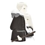  1boy 1girl bangs black_coat blush brother_and_sister child clinging coat cropped_torso dress dungeon_meshi falin_thorden frs2 fur-trimmed_hood fur-trimmed_sleeves fur_trim grey_hair hiding hiding_behind_another holding holding_stick hood hood_down hooded_coat laios_thorden layered_sleeves long_hair long_sleeves looking_at_viewer looking_up one_eye_covered profile puffy_long_sleeves puffy_sleeves shirt short_hair short_over_long_sleeves short_sleeves siblings sideways_glance simple_background stick stitches straight_hair turtleneck unusually_open_eyes white_background white_dress white_shirt winter_clothes winter_coat yellow_eyes younger 