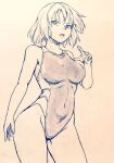  1girl alternate_costume bare_legs breasts commentary_request covered_navel cowboy_shot d-m_(dii_emu) eyebrows_visible_through_hair eyelashes greyscale kazami_yuuka looking_at_viewer monochrome one-piece_swimsuit open_mouth short_hair sketch swimsuit touhou traditional_media 