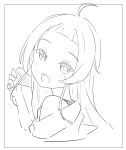  1girl :d absurdres ahoge bare_shoulders blush commentary_request cropped_torso fang forehead from_side greyscale hand_up head_tilt highres hololive long_hair looking_at_viewer looking_to_the_side monochrome murasaki_shion off_shoulder okota_mikan simple_background smile solo upper_body virtual_youtuber white_background 