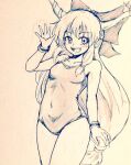  1girl alternate_costume bare_legs bow breasts collarbone commentary_request covered_navel cowboy_shot d-m_(dii_emu) eyebrows_visible_through_hair eyelashes gesture greyscale hair_bow horns ibuki_suika long_hair looking_at_viewer monochrome one-piece_swimsuit oni_horns open_mouth sketch small_breasts swimsuit tied_hair touhou traditional_media very_long_hair wristband 