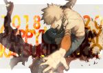  1boy background_text bakugou_katsuki bead_necklace beads belt blonde_hair boku_no_hero_academia brown_belt burnt_clothes character_name detached_sleeves fire foreshortening grey_background happy_birthday jewelry looking_at_viewer male_focus maneki-neko_(fujifuji) multiple_necklaces necklace open_mouth red_eyes solo sparks spiky_hair teeth topless_male 