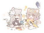 1other 2girls animal_ear_fluff animal_ears arknights bangs black_legwear black_shorts cat_ears cat_girl cat_tail closed_mouth commentary_request doctor_(arknights) double_bun dress eyebrows_visible_through_hair grey_eyes grey_hair hair_between_eyes hair_ornament highres jacket kazemaru_(arknights) long_sleeves mask mask_on_head multiple_girls open_clothes open_jacket origami outstretched_arms peeking_out puffy_long_sleeves puffy_sleeves renren short_shorts shorts single_sock single_thighhigh sitting socks tail thigh-highs wariza white_background white_dress white_legwear x_hair_ornament yellow_jacket