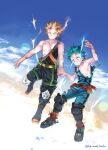  2boys bakugou_katsuki belt blonde_hair bodysuit boku_no_hero_academia boots clouds dirty electricity explosive freckles green_bodysuit green_hair grenade highres holding_hands knee_pads male_focus midoriya_izuku multiple_boys red_belt red_eyes sky spiky_hair torn_bodysuit torn_clothes twitter_username ume_(326310) v-shaped_eyebrows 