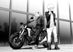  2boys bakugou_katsuki boku_no_hero_academia boots greyscale ground_vehicle holding holding_phone jacket kaminari_denki looking_at_another male_focus maneki-neko_(fujifuji) monochrome motor_vehicle motorcycle multiple_boys on_motorcycle open_mouth phone shirt sitting spiky_hair talking_on_phone v-neck 