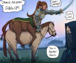  1boy 1girl abs armor bangs bb_(baalbuddy) belt blunt_bangs breastplate cape centaur colorized covered_mouth dagger dawn dungeons_and_dragons english_text fog gauntlets grass hand_on_hip height_difference highres himerosy hood hood_up hooded_cape horse horseback_riding knife knight long_hair mask monochrome monster_girl mouth_mask navel outdoors pointing pointy_ears ponytail riding sunrise sword taur weapon 
