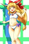  1girl bare_legs bikini bow breasts commentary_request d-m_(dii_emu) eyebrows_visible_through_hair eyelashes fang horns ibuki_suika long_hair looking_at_viewer oni_horns open_mouth small_breasts swimsuit touhou v 