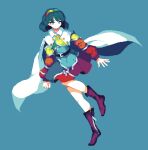  1girl 4qw5 bangs blue_background blue_eyes blue_hair cape closed_mouth full_body long_sleeves looking_at_viewer lowres multicolored_clothes multicolored_hairband patchwork_clothes pixel_art purple_footwear short_hair simple_background smile solo tenkyuu_chimata touhou white_cape zipper 