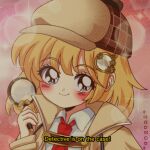  1990s_(style) 1girl artist_name bangs blonde_hair blush closed_mouth collared_shirt deerstalker detective english_text eyebrows_visible_through_hair fake_facial_hair fake_mustache film_grain hat highres holding holding_magnifying_glass hololive hololive_english looking_at_viewer magnifying_glass necktie portrait red_necktie retro_artstyle shirt smile subtitled virtual_youtuber watson_amelia white_shirt yua90s 