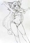  1girl arm_up bow breasts commentary_request d-m_(dii_emu) eyebrows_visible_through_hair eyelashes fang greyscale hair_bow happy horns ibuki_suika long_hair looking_at_viewer midriff monochrome navel oni_horns open_mouth small_breasts stomach tied_hair touhou very_long_hair 
