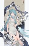  1girl absurdres bangs blue_eyes blue_hair china_dress chinese_clothes dress feet_out_of_frame flower hair_flower hair_ornament hand_fan hatsune_miku highres holding holding_fan long_hair looking_at_viewer nay_akane parted_lips smile solo twitter_username very_long_hair vocaloid 