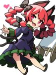  1girl :d animal_ears black_bow bow braid cat_ears cat_tail chibi dress extra_ears fang from_behind green_dress hair_bow juliet_sleeves kaenbyou_rin long_sleeves looking_at_viewer looking_back multiple_tails nekomata open_mouth pointy_ears polpol puffy_sleeves red_eyes redhead simple_background smile solo tail touhou twin_braids twintails white_background 