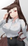  1girl absurdres akagi_(azur_lane) alternate_costume animal_ear_fluff animal_ears azur_lane bangs black_pants breasts brown_hair candy closed_mouth eyebrows_visible_through_hair food fox_ears glasses hand_on_eyewear highres ichikushi_mojibake large_breasts lips lollipop long_hair looking_at_viewer mouth_hold pants red_eyes red_lips shirt simple_background solo standing white_shirt 