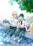  &gt;_&lt; 2boys backpack backpack_removed bag bakugou_katsuki barefoot blonde_hair boku_no_hero_academia collared_shirt feet food food_on_face freckles green_hair green_pants highres holding holding_food ice_cream_cone leaf male_focus midoriya_izuku multiple_boys necktie outdoors pants pants_rolled_up popsicle red_eyes red_necktie scar scar_on_arm school_uniform shirt shoes shoes_removed sitting soaking_feet spiky_hair teeth_hold twintails u.a._school_uniform ume_(326310) water white_shirt 