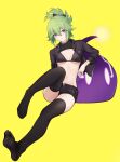  1girl absurdres bikini bikini_top_only black_bikini black_jacket black_legwear black_shorts bow breasts closed_mouth feet fine_fabric_emphasis genshin_impact green_hair hair_bow highres jacket kuki_shinobu leg_up long_hair long_sleeves looking_at_viewer lying medium_breasts micro_shorts navel no_shoes open_clothes open_fly open_jacket ponytail reclining short_shorts shorts simple_background slime_(genshin_impact) solo soriham stomach string_bikini swimsuit thigh-highs thighs toes violet_eyes yellow_background 