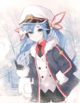 1girl bangs bare_tree black_coat black_gloves black_necktie blue_eyes blue_hair buttons coat collared_shirt commentary cowboy_shot dawon earmuffs eyebrows_visible_through_hair fur-trimmed_coat fur_trim gloves hair_between_eyes hand_in_pocket hat hatsune_miku index_finger_raised light_blush long_hair looking_at_viewer necktie outdoors red_shirt sailor_hat shirt smile snow snowflakes snowing solo swept_bangs thick_eyebrows tree twintails vocaloid white_headwear winter winter_clothes winter_coat yuki_miku_(2022)