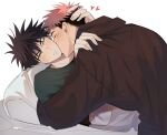 2boys bangs bed black_hair black_hoodie blush closed_eyes couple facial_mark fushiguro_megumi green_eyes green_shirt hair_between_eyes hand_on_another&#039;s_head hand_on_another&#039;s_shoulder heart highres hood hood_down hoodie itadori_yuuji jujutsu_kaisen kiss kissing_neck long_sleeves lying male_focus multicolored_hair multiple_boys on_bed one_eye_closed pink_hair shirt short_hair somwang_07 spiky_hair two-tone_hair undercut yaoi