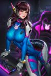  1girl blue_bodysuit bodysuit breasts brown_eyes brown_hair covered_navel d.va_(overwatch) facepaint headphones highres impossible_bodysuit impossible_clothes keyboard_(computer) large_breasts looking_at_viewer medium_hair mouse_(computer) neoartcore overwatch solo watermark 