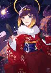  1girl :d absurdres animal_ears bangs black_gloves brown_hair clouds commentary_request eyebrows_visible_through_hair fireworks gloves gradient_hair halo hands_up hayate_fish highres holding hololive hololive_english japanese_clothes kimono long_hair long_sleeves looking_at_viewer multicolored_hair night night_sky ninomae_ina&#039;nis obi outdoors purple_hair red_kimono sash senkou_hanabi sidelocks sky smile solo sparkler tentacles violet_eyes virtual_youtuber wide_sleeves 