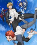  1girl 4boys absurdres ahoge archer_(fate) armor armored_dress artoria_pendragon_(fate) bangs belt black_footwear black_jacket black_pants blonde_hair blue_dress blue_hair blue_ribbon blue_sky braid closed_mouth commentary_request cropped_jacket cu_chulainn_(fate) cu_chulainn_(fate/stay_night) dark-skinned_male dark_skin dress earrings emiya_shirou eyebrows_behind_hair falling fate/stay_night fate_(series) foot_out_of_frame french_braid from_below frown gauntlets gilgamesh_(fate) gilgamesh_(immoral_biker_jacket)_(fate) green_eyes grey_pants hair_between_eyes hair_ribbon highres invisible_air_(fate) jacket jewelry long_hair looking_at_another looking_at_viewer looking_down looking_up multiple_boys none_(kameko227) open_mouth orange_hair outdoors pants ponytail red_eyes red_jacket ribbon saber shirt short_hair sky sweatdrop teeth tongue white_hair white_shirt yellow_eyes 