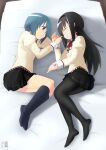  2girls akemi_homura bed black_hair black_legwear blue_eyes blue_hair blush breasts closed_eyes closed_mouth gem highres long_hair looking_at_another lying mahou_shoujo_madoka_magica miki_sayaka miniskirt multiple_girls on_bed on_side open_mouth pantyhose rushou_kei school_uniform shiny shiny_hair short_hair skirt sleeping small_breasts smile yuri 