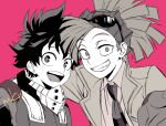  2boys arm_around_shoulder beckoning boku_no_hero_academia collared_shirt eyewear_on_head freckles grin jacket looking_at_viewer male_focus mask mask_removed mkm_(mkm_storage) monochrome multiple_boys necktie open_mouth reaching_out red_background rody_soul shirt signature simple_background smile striped_necktie sunglasses tied_hair 