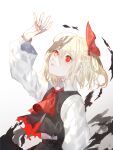  1girl arm_up ascot black_shirt blonde_hair collared_shirt commentary_request hair_ribbon highres iwai_ku_tsuki long_sleeves looking_up one_side_up parted_lips red_ascot red_eyes red_ribbon ribbon rumia shirt short_hair simple_background solo touhou upper_body white_background white_shirt 