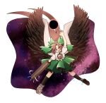  1girl 5515hr :d arm_cannon asymmetrical_footwear atom bangs bird_wings black_legwear black_sun bow breasts brown_eyes brown_hair brown_wings cape collared_shirt commentary_request control_rod frilled_skirt frills full_body green_bow green_skirt hair_bow highres kneehighs long_hair looking_at_viewer medium_breasts mismatched_footwear open_mouth pointing pointing_up puffy_short_sleeves puffy_sleeves reiuji_utsuho shirt shoes short_sleeves simple_background single_shoe skirt smile solo starry_sky_print sun third_eye touhou weapon white_background white_cape white_shirt wings 