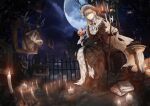  1girl animal_head arknights blonde_hair candle candlestand fence gothic_lolita hachiware_(kagisippo2) highres horns lantern lolita_fashion long_hair long_skirt moon moose night night_sky nightingale_(arknights) skirt skull sky solo staff tagme very_long_hair 