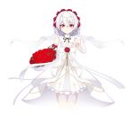  1girl absurdres bails bangs bare_shoulders bouquet closed_mouth dress flower hair_flower hair_ornament highres holding holding_bouquet honkai_(series) honkai_impact_3rd jewelry looking_at_viewer red_eyes red_flower red_rose ring rose simple_background sleeveless sleeveless_dress solo theresa_apocalypse theresa_apocalypse_(luna_kindred) wedding_dress white_background white_dress white_hair white_sleeves 