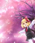  1girl araki_(qbthgry) ascot black_vest blonde_hair cherry_blossoms hair_ribbon highres long_sleeves looking_at_viewer necktie open_mouth outstretched_arms red_eyes ribbon rumia shirt short_hair skirt sky smile solo spread_arms touhou tree vest 