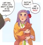  1girl 1other animal black_sleeves cat english_text floral_print flower green_kimono hair_flower hair_ornament hieda_no_amu holding holding_animal holding_cat japanese_clothes kimono long_hair nekolina purple_hair touhou violet_eyes yellow_kimono younger 