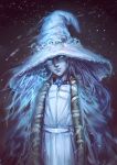  1girl absurdres blue_eyes cloak closed_mouth elden_ring extra_faces fur_cloak hat head_tilt highres looking_at_viewer moni95424940 one_eye_closed ranni_the_witch smile solo standing white_headwear witch_hat 