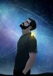  1boy absurdres arm_hair beard black_hair facial_hair glasses hand_in_pocket highres jojiart looking_up male_focus mature_male night night_sky original pants shirt sky solo star_(sky) starry_sky t-shirt upper_body whale 