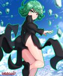  1girl absurdres artist_name ass black_dress blue_sky breasts city clouds curly_hair dress english_commentary flying green_eyes green_hair grin high_heels highres long_sleeves looking_at_viewer looking_back one-punch_man rock sarukaiwolf short_hair sky small_breasts smile solo tatsumaki taut_clothes taut_dress teeth telekinesis thighs v-shaped_eyebrows 