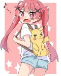  1girl :d backpack bag bangs blue_shorts blush commentary_request eighth_note eyebrows_visible_through_hair fang from_behind hair_ornament highres kapuru_0410 long_hair looking_at_viewer looking_back musical_note pikachu pink_background pokemon redhead shirt short_shorts short_sleeves shorts smile solo starry_background tanemura_koyori twintails two-tone_background very_long_hair violet_eyes watashi_ni_tenshi_ga_maiorita! white_background white_shirt x_hair_ornament 
