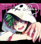  1boy boku_no_hero_academia bow bowtie freckles ghost_costume green_hair highres hood hood_up letterboxed looking_at_viewer male_focus midoriya_izuku open_mouth portrait reaching_out smile solo twitter_username ume_(326310) 