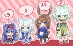  4girls amiya_(arknights) animal_ear_fluff animal_ears arknights bangs bare_shoulders black_hair black_jacket blaze_(arknights) blue_eyes blush brown_hair cat_ears cat_girl cat_tail chibi closed_mouth commentary_request dress expressionless eyebrows_visible_through_hair full_body green_dress green_eyes green_hair grin hair_between_eyes hairband jacket kal&#039;tsit_(arknights) long_hair long_sleeves looking_at_viewer medium_hair midzuchi multiple_girls off_shoulder open_clothes open_jacket open_mouth rabbit_ears red_hairband rosmontis_(arknights) shirt silver_hair skirt smile speech_bubble standing tail very_long_hair watch white_shirt 