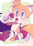  1boy animal_ears animal_nose blue_eyes blush commentary_request container eating food fox_boy fox_ears fox_tail fruit furry furry_male gloves highres holding holding_food in_container kneeling looking_at_viewer male_focus misuta710 multiple_tails open_mouth shoes simple_background sneakers solo sonic_(series) strawberry tail tails_(sonic) two_tails white_gloves 