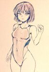  1girl alternate_costume bare_legs breasts closed_mouth commentary_request d-m_(dii_emu) eyebrows_visible_through_hair eyelashes greyscale hieda_no_akyuu looking_at_viewer monochrome open_mouth short_hair small_breasts swimsuit touhou 