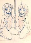  2girls ahoge alternate_costume bare_legs barefoot breasts commentary_request d-m_(dii_emu) eyebrows_visible_through_hair eyelashes greyscale looking_at_viewer monochrome multiple_girls nishida_satono open_mouth pole seiza short_hair short_hair_with_long_locks sitting small_breasts stripper_pole swimsuit teireida_mai touhou wariza 