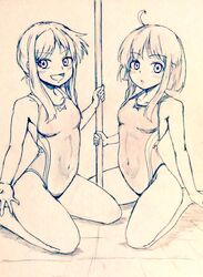  2girls ahoge alternate_costume bare_legs barefoot breasts commentary_request d-m_(dii_emu) eyebrows_visible_through_hair eyelashes greyscale looking_at_viewer monochrome multiple_girls nishida_satono open_mouth pole seiza short_hair short_hair_with_long_locks sitting small_breasts stripper_pole swimsuit teireida_mai touhou wariza 