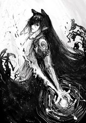  1girl absurdres antsplorer bangs black_eyes black_hair blunt_bangs flat_chest greyscale high_contrast highres hololive hololive_english holomyth long_hair looking_at_viewer magic monochrome ninomae_ina&#039;nis pointy_ears tattoo tentacle_hair tentacles very_long_hair virtual_youtuber 