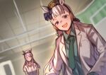  2girls animal_ears bangs blurry coat collared_shirt depth_of_field ear_bow glglpanda green_necktie green_shirt grey_hair hat highres horse_ears ii_desu_ka_ochitsuite_kiite_kudasai_(meme) indoors jitome labcoat long_hair long_sleeves looking_at_another looking_at_viewer meme multiple_girls necktie nurse_cap open_clothes open_coat open_mouth pillbox_hat purple_hair shirt smile solid_circle_eyes sweatdrop teeth umamusume upper_teeth violet_eyes white_coat white_shirt 