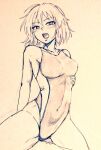 1girl alternate_costume bare_legs blush breasts collarbone commentary_request competition_swimsuit d-m_(dii_emu) eyebrows_visible_through_hair eyelashes greyscale kazami_yuuka looking_at_viewer medium_breasts monochrome one-piece_swimsuit open_mouth short_hair swimsuit touhou 